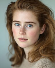 Fototapeta premium A young woman with freckles and blue eyes, smiling softly against a neutral background.