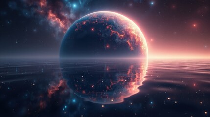 A planet with an entirely reflective surface, mirroring the galaxies around it, creating an infinite visual illusion of cosmic recursion, creating a mesmerizing cosmic scene.