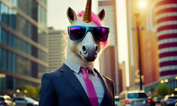 cool business unicorn with sunglasses on city background animation