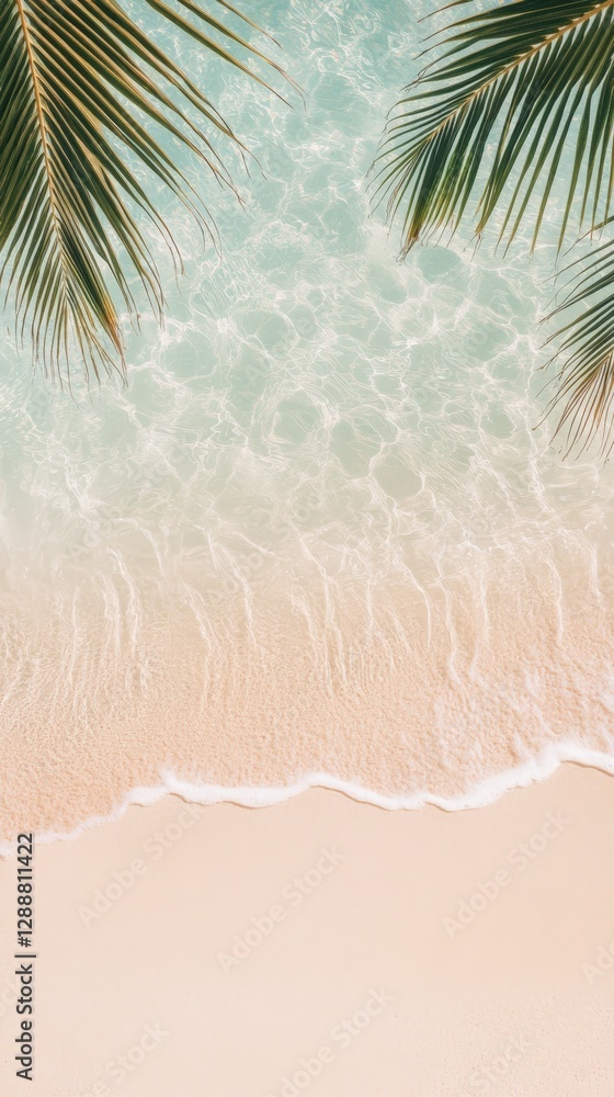 Poster tropical beach with palm trees and crystal clear turquoise water gently lapping the shore, creating 