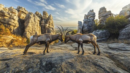 Two male Iberian ibex engaging in a head-to-head confrontation, their muscular bodies and sharp horns on full display against the unique rock formations of El Torcal, Malaga.