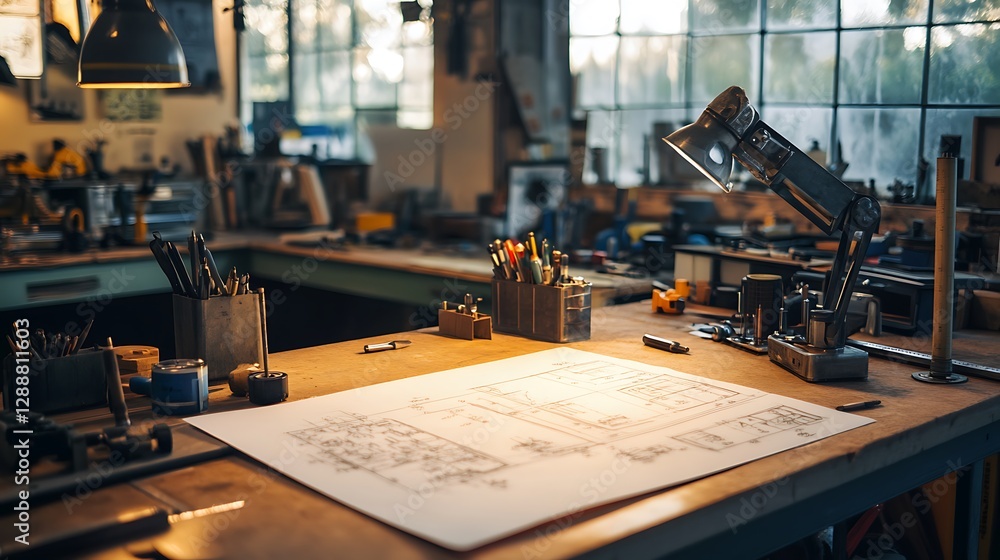 Poster blueprint on workbench with lamp and tools in workshop setting