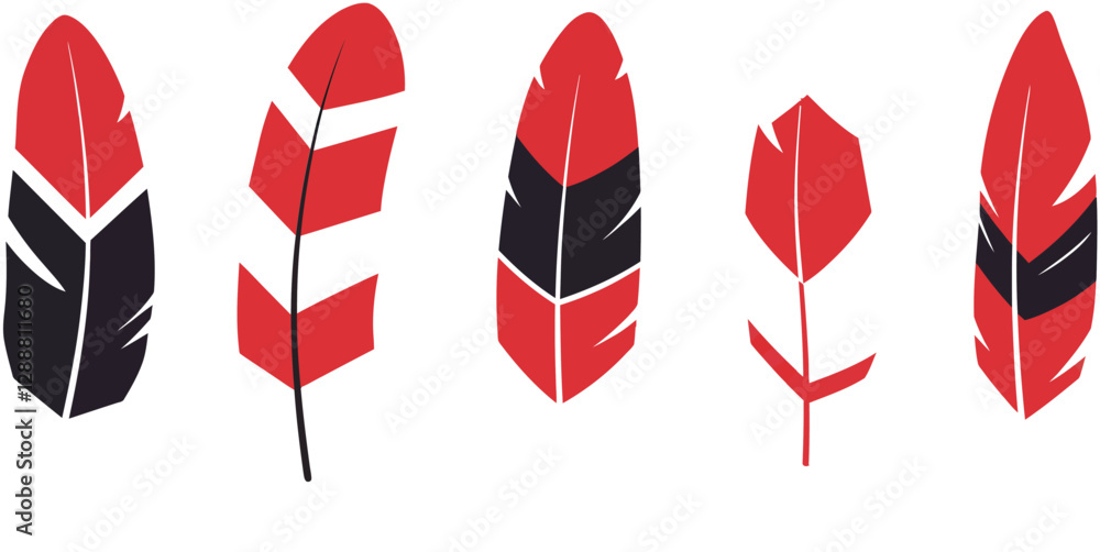 Poster five distinct feather designs in red and black showcasing various styles and shapes