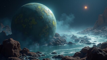 A planet with a living, breathing surface, where pulsating organic structures continuously morph and shift, responding to cosmic energy flows, creating dynamic, surreal landscapes.