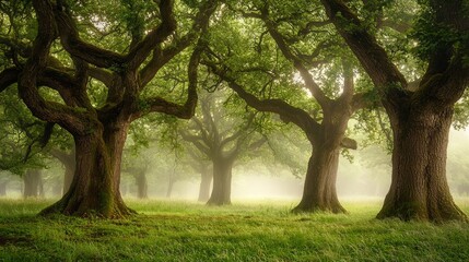 Fototapeta premium Lush Forest with Majestic Trees Illuminated by Soft Sunlight in a Misty Atmospheric Landscape