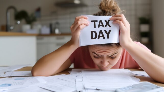 Stressed accountant holding tax day sign while doing taxes