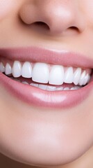 Obraz premium Displaying a perfect smile with bright white teeth, a woman with beautiful lips embodies dental care and cosmetology, highlighting the benefits of lip augmentation and oral health