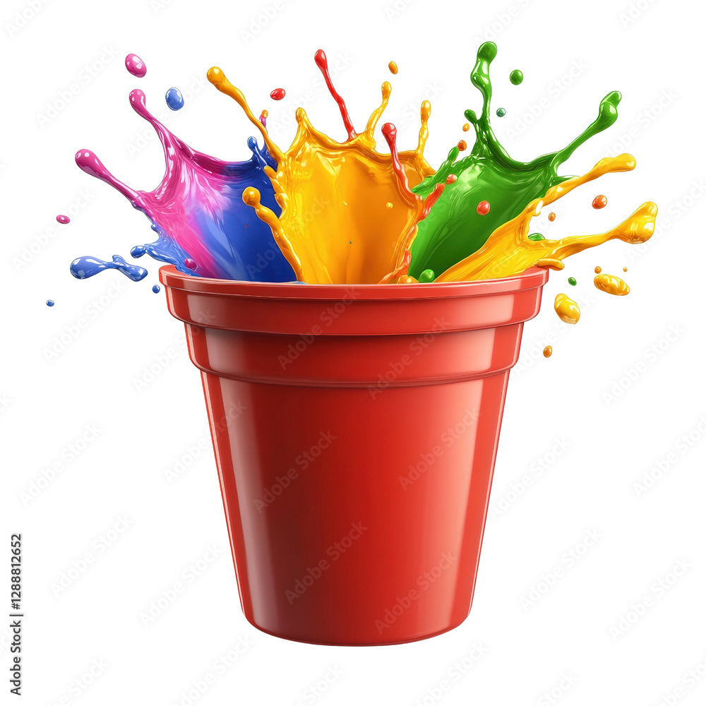Poster red bucket filled with various colorful paints on a white background for artistic projects and craft
