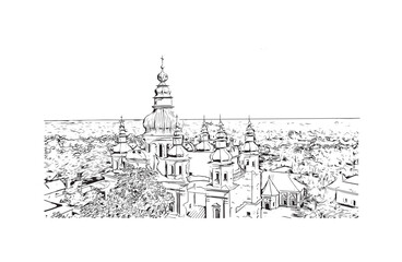 Print Building view with landmark of Chernihiv Ukraine city. Hand drawn sketch illustration in vector.