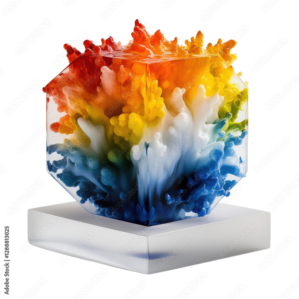 Poster colorful abstract object displayed on a simple white stand against a plain background isolated on tr
