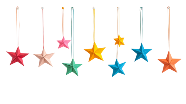 Colorful decorative paper stars hanging, festive design, on a white background --ar 16:9