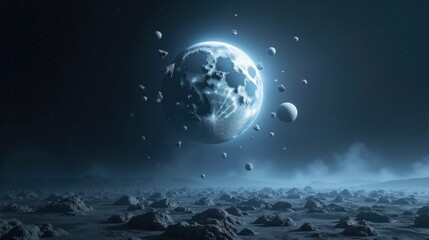 Fragments of a shattered moon hover in absolute silence, frozen mid-explosion, glowing against a nebula-streaked sky in peaceful stillness.