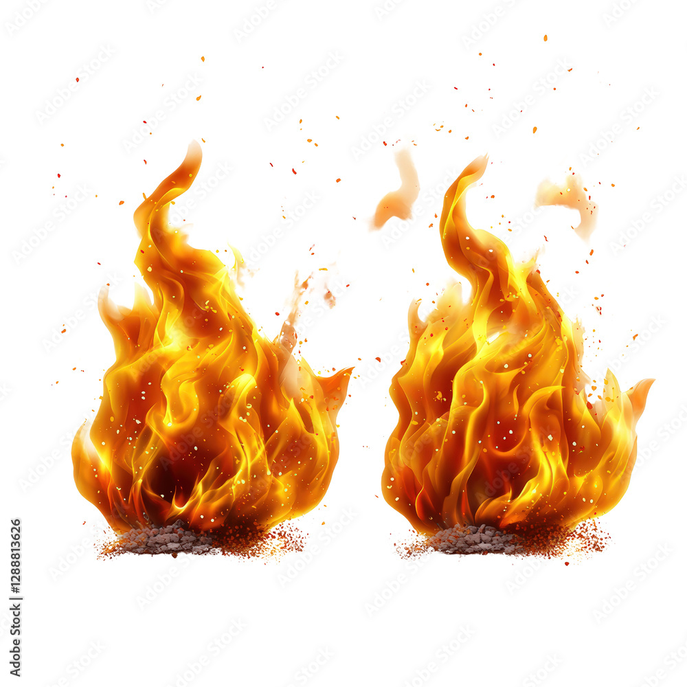 Poster two vibrant fire flames dancing on a black background creating a dramatic visual effect isolated on 