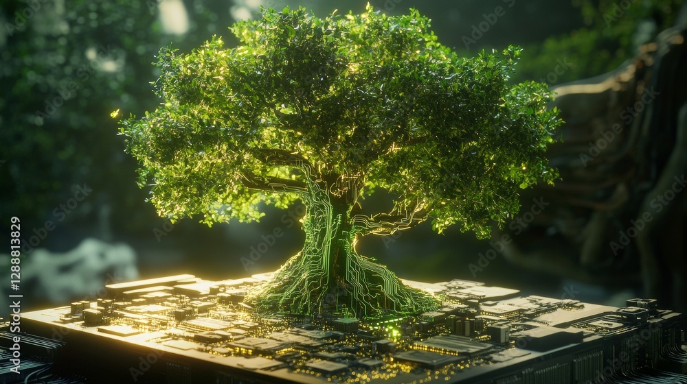 Poster tree growing out of a computer motherboard with glowing circuits, symbolizing technology and nature 
