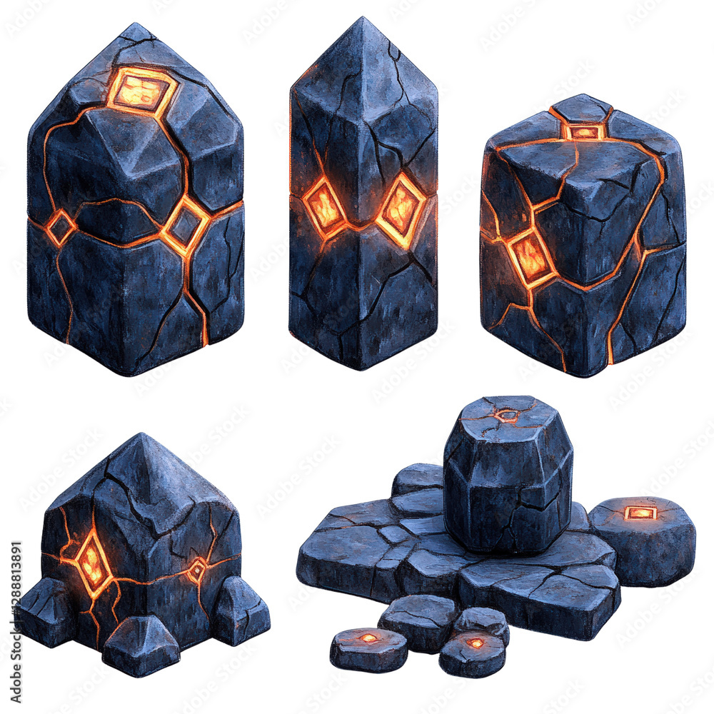 Poster set of four different rocks illuminated with glowing lights on a dark surface isolated on transparen