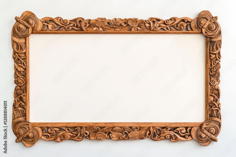 Poster white backdrop displaying a chinese paper scroll with hand-carved wood border.