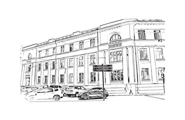 Print Building view with landmark of Chernihiv Ukraine city. Hand drawn sketch illustration in vector.