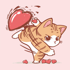 The whimsical feline characters display various actions such as throwing, catching, and sharing hearts, symbolizing love, affection, and fun. The soft pastel color palette and expressive poses.