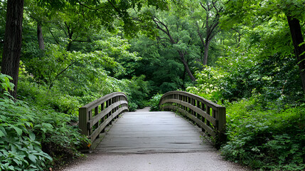 Fototapeta premium Wooden Bridge Overgrown by Lush Green Foliage in a Summer Forest