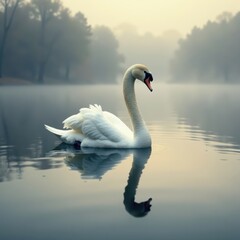 A pristine white swan floats serenely on a foggy lake; its reflection mirrored perfectly , wild, water, swan