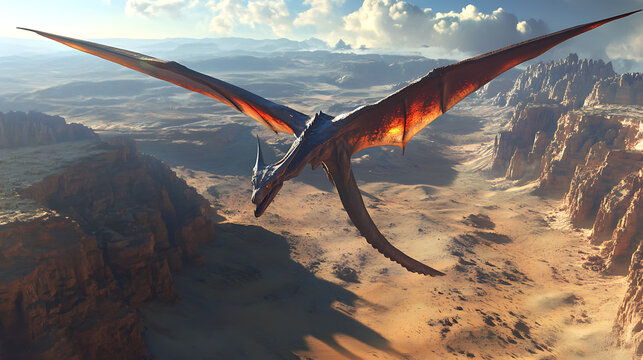 A realistic animation of a majestic Quetzalcoatlus soaring over a vast prehistoric desert, its enormous wings casting shadows over the ancient landscape 