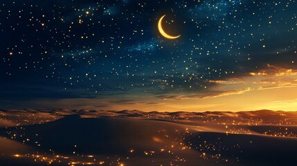 Fototapeta premium Magical Arabian Desert Nightscape with Crescent Moon and Starry Sky