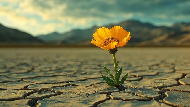 A single yellow flower growing in the cracked earth of an arid desert.