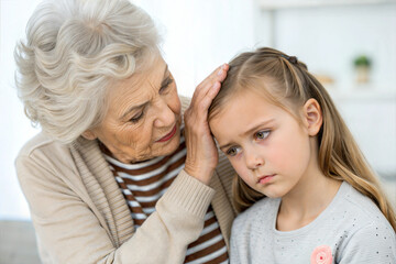 Elderly woman caring for sad young girl with headache, emotional support, indoor setting