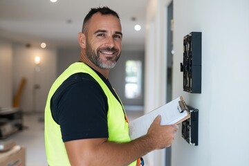 A confident electrician stands with a clipboard, inspecting an electrical panel in a well-lit room, symbolizing expertise in home electrical systems and safety standards.