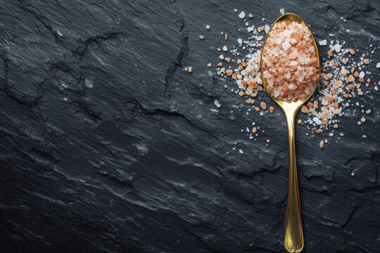 Golden spoon resting on dark slate with pink Himalayan salt scattered artistically, contrasting textures of smooth metal and rough rock. - Powered by Adobe