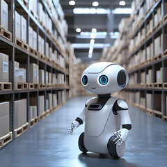 Robot in warehouse navigating through shelves of boxes during daylight hours
