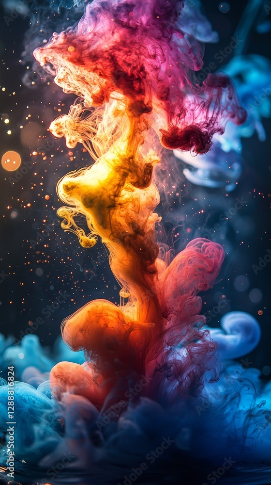 Poster colorful ink swirling in water creating artistic abstract patterns and textures