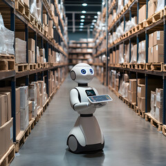Robot assists in logistics within a modern warehouse during daytime operations