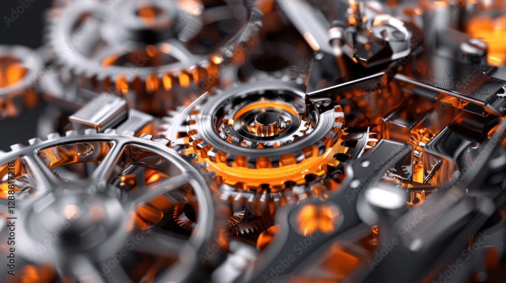 Aufkleber close-up of shiny metal gears interlocked, creating a complex mechanical system with a glowing orang