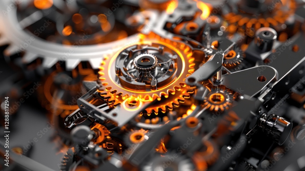 Poster close-up of shiny metal gears interlocked, creating a complex mechanical system with a glowing orang