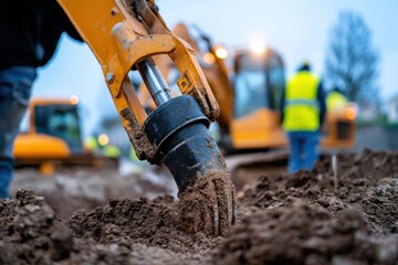 A close-up of an excavator’s digging arm at a construction site, representing the power and complexity of machinery used in large-scale building projects.