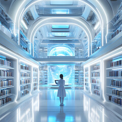 Modern library with futuristic architecture and digital displays at nighttime