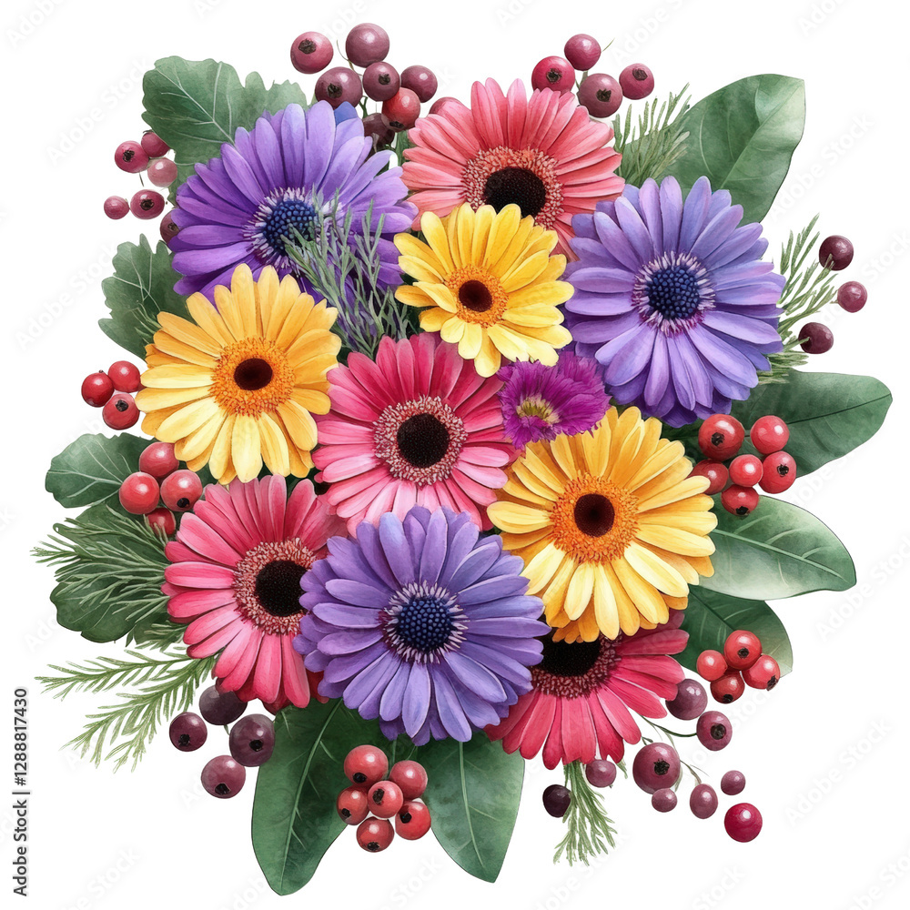 Poster bouquet of colorful flowers with berries and green leaves arranged in a decorative display isolated 