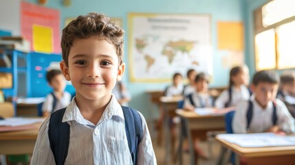 Happy Schoolboy Smiling in Classroom with Students in Background