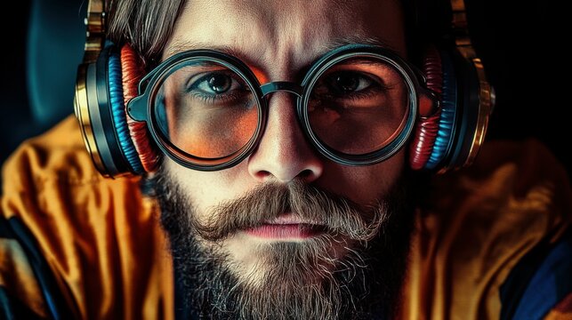 Audiophile Geek in Vintage Setting with Earphones and Speaker