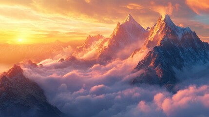 A dramatic sunrise over a rugged mountain range, where layers of thick, soft clouds wrap around the peaks like a heavenly blanket.