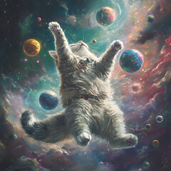 Cat floating in space among colorful planets and swirling galaxies during a dreamlike cosmic adventure