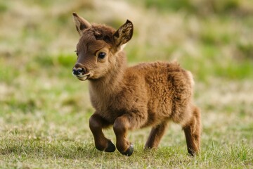 Baby Elk in Wild Nature. Young Moose Standing in Grassland