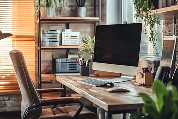Fototapeta premium Stylish and Productive Home Office Setup with Modern Decor and Ergonomic Furniture