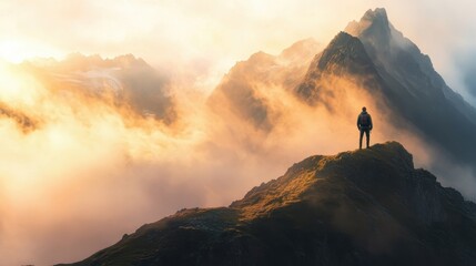 A lone adventurer stands on a high ridge, looking at a misty mountain range bathed in soft, golden sunrise hues.