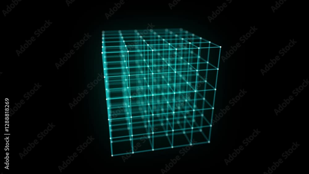Poster abstract blue cube on black background. wireframe square structure with glowing particles and lines.