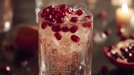 Refreshing Pomegranate Drink with Ice and Bubbles in Soft Lighting