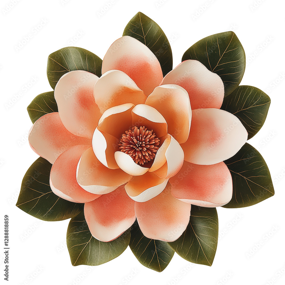 Poster flower with green leaves and white center surrounded by natural environment in soft light isolated o