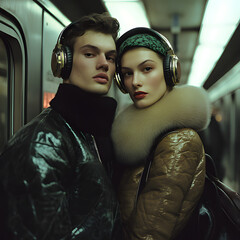 Stylish couple wearing headphones poses together in a subway train during the evening commute