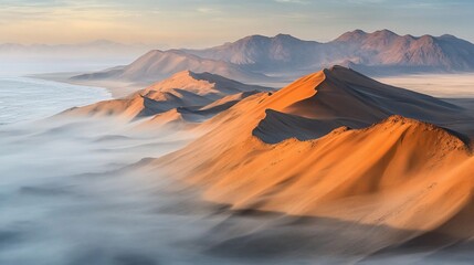 Fototapeta premium Dramatic Desert Landscape with Sand Dunes and Coastal Mist Scenery